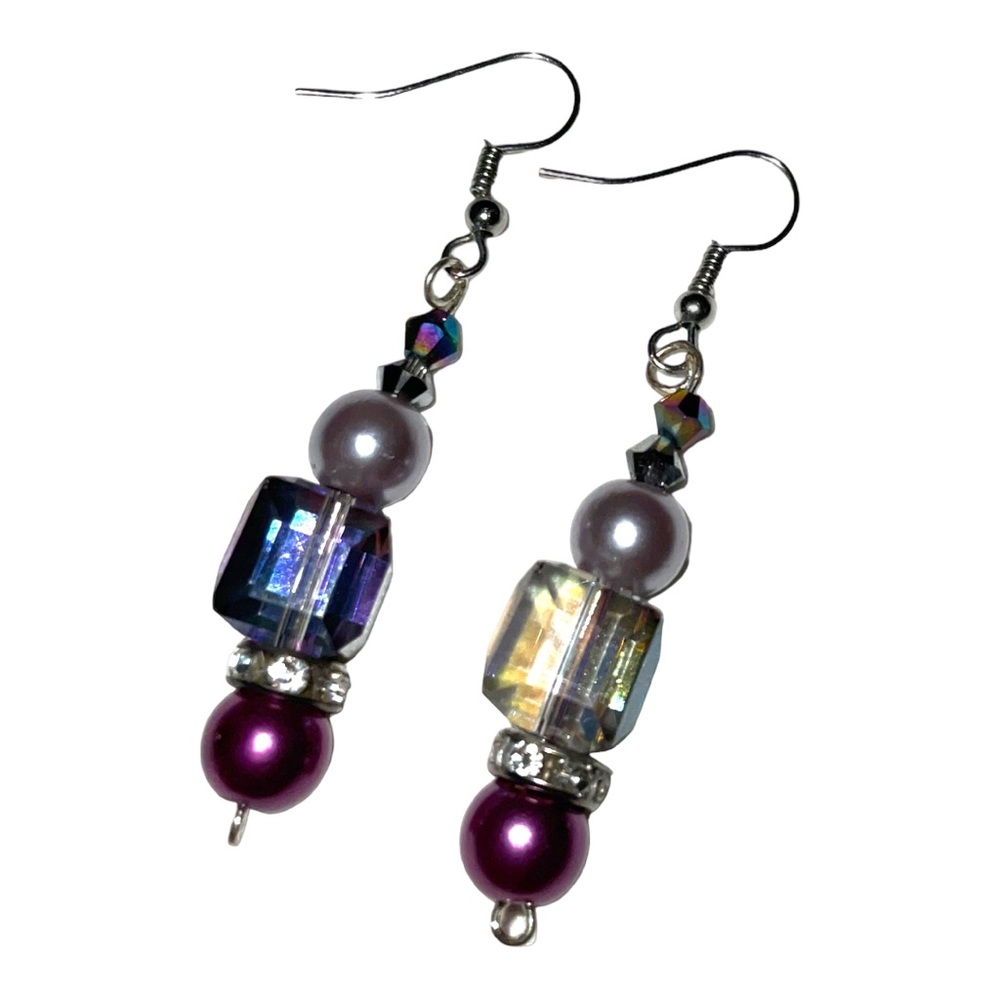 Handmade CZ Cube Crystal Pearl Drop Earrings with Stainless Earhooks